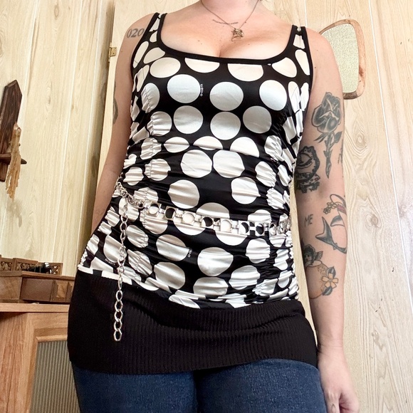 Vintage Women's Small Black and White Polka Dot Silky Ruched Tank Top - Picture 1 of 8